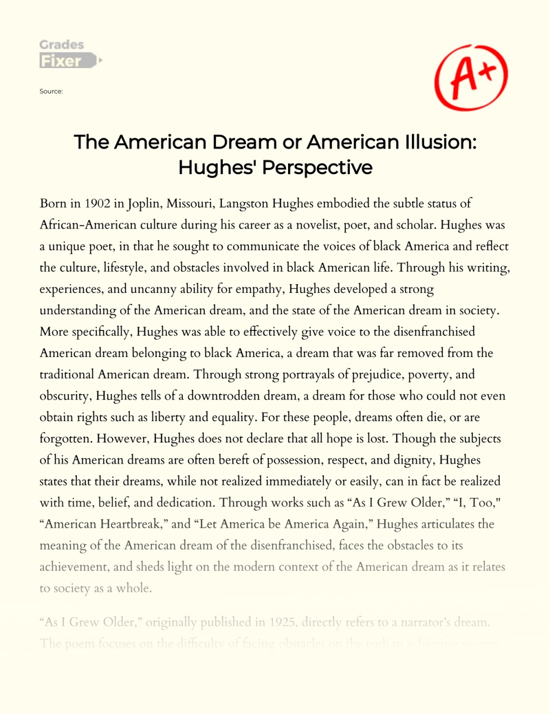 The American Dream Or American Illusion: Hughes' Perspective Essay
