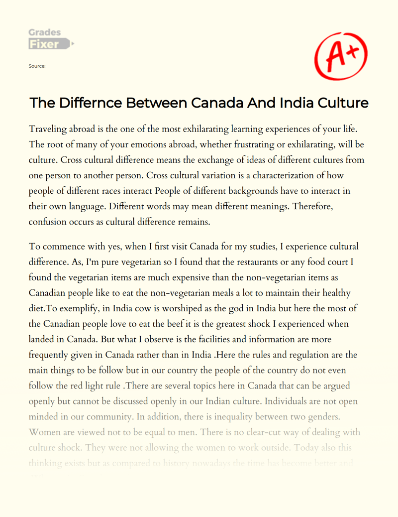 The Difference Between Canada and India Culture Essay
