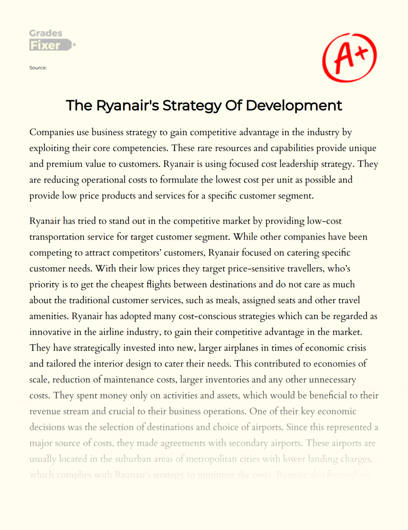 The Ryanair's Strategy of Development Essay