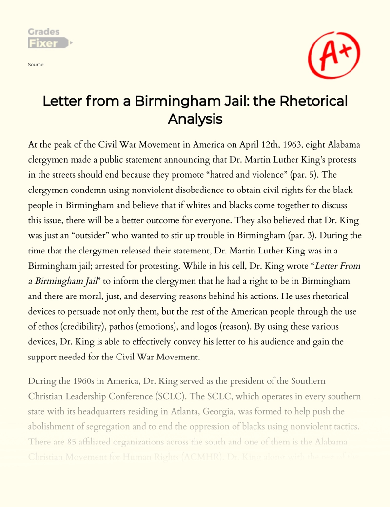 Letter From A Birmingham Jail The Rhetorical Analysis Essay Example 