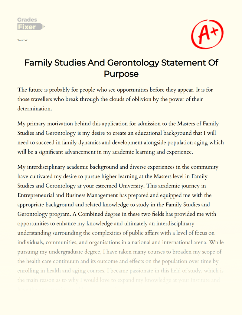 Family Studies and Gerontology Statement of Purpose Essay