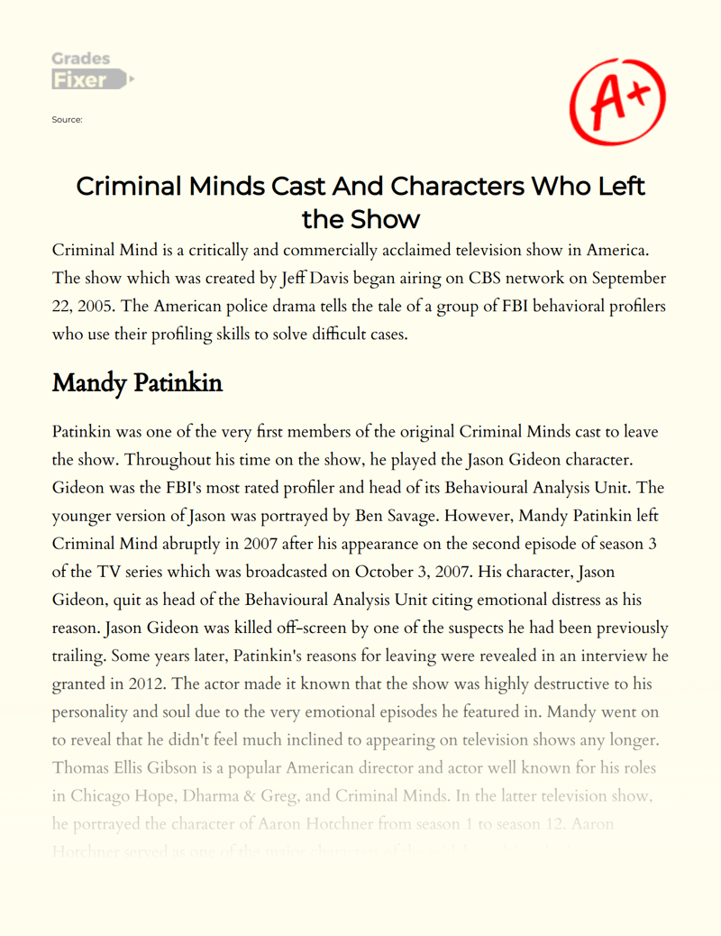 Criminal Minds Cast and Characters Who Left The Show Essay