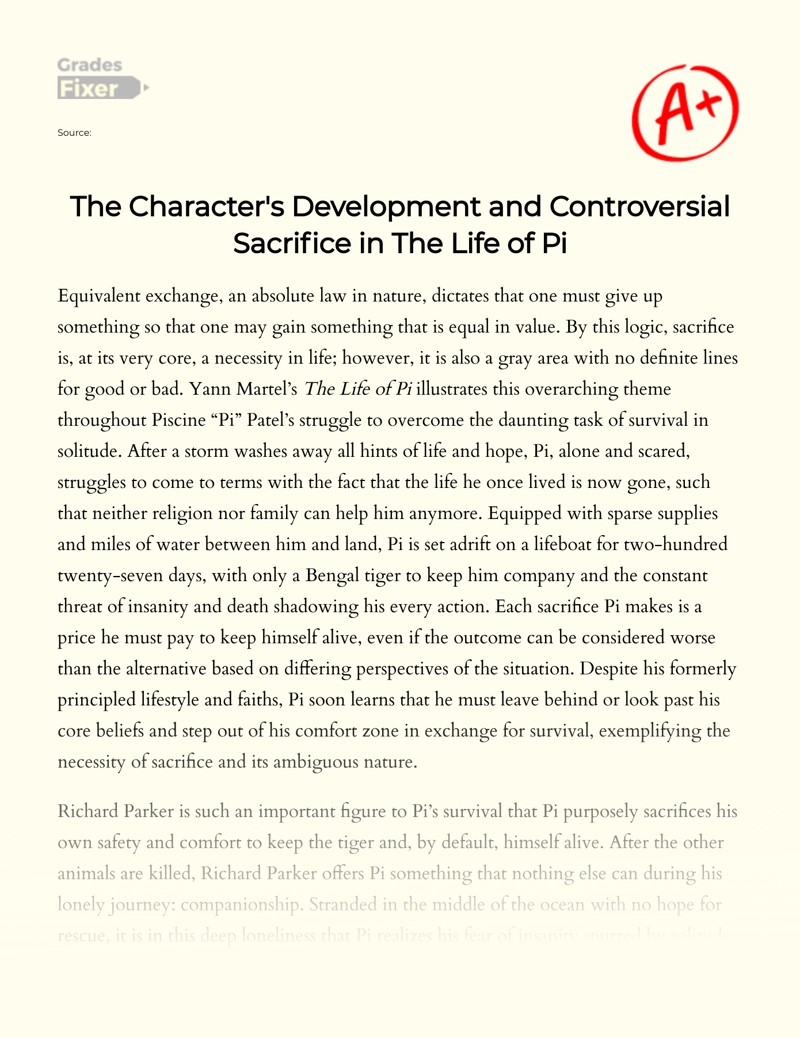 The Character's Development and Controversial Sacrifice in The Life of Pi essay