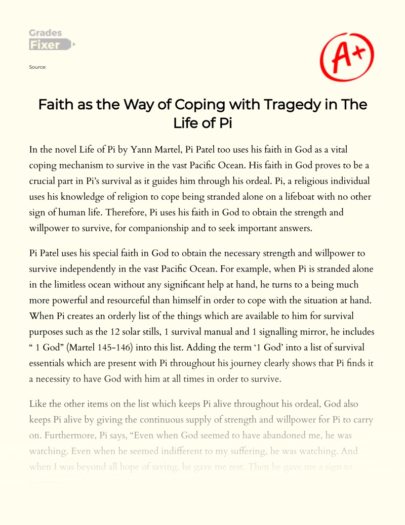 Faith as The Way of Coping with Tragedy in The Life of Pi essay