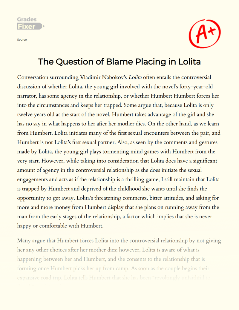 The Question of Blame Placing in Lolita Essay