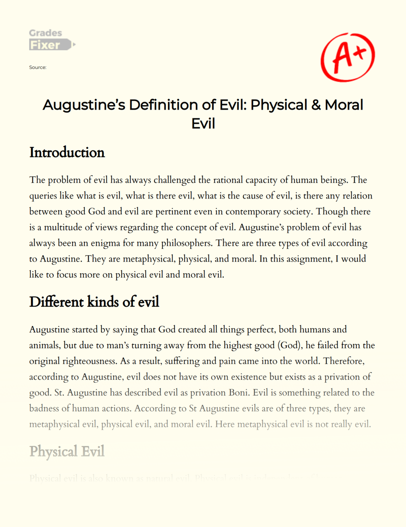 Augustine’s Definition of Evil: Physical & Moral Evil Essay
