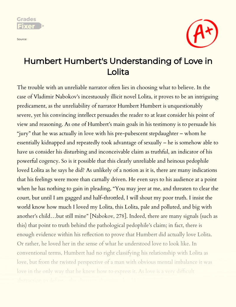 Humbert Humbert's Understanding of Love in Lolita Essay