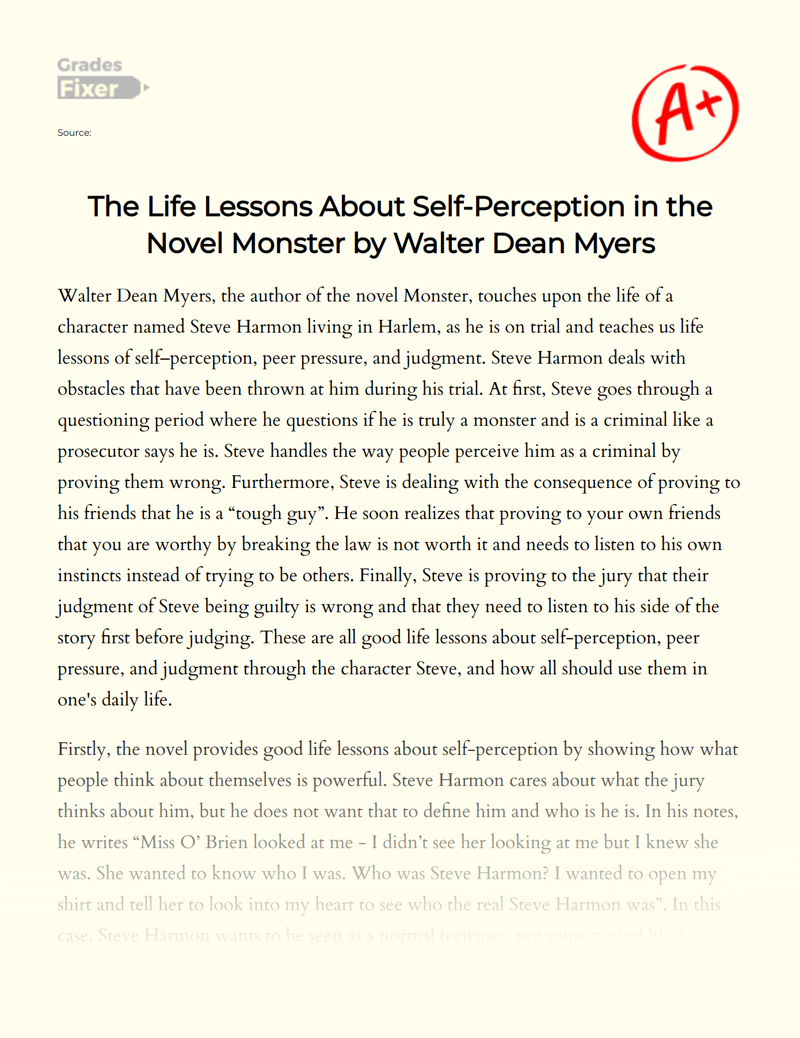 The Life Lessons About Self-perception in The Novel Monster by Walter Dean Myers Essay