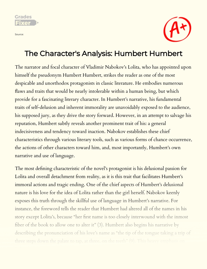 Analysis of Humbert Humbert's Character in Lolita Essay