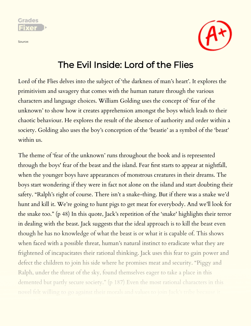 The Evil Inside: Lord of The Flies essay