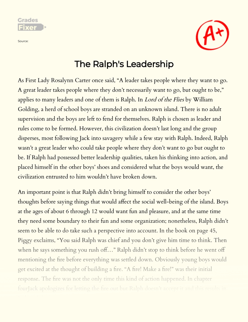 The Ralph's Leadership in The Lord of The Flies by William Golding Essay