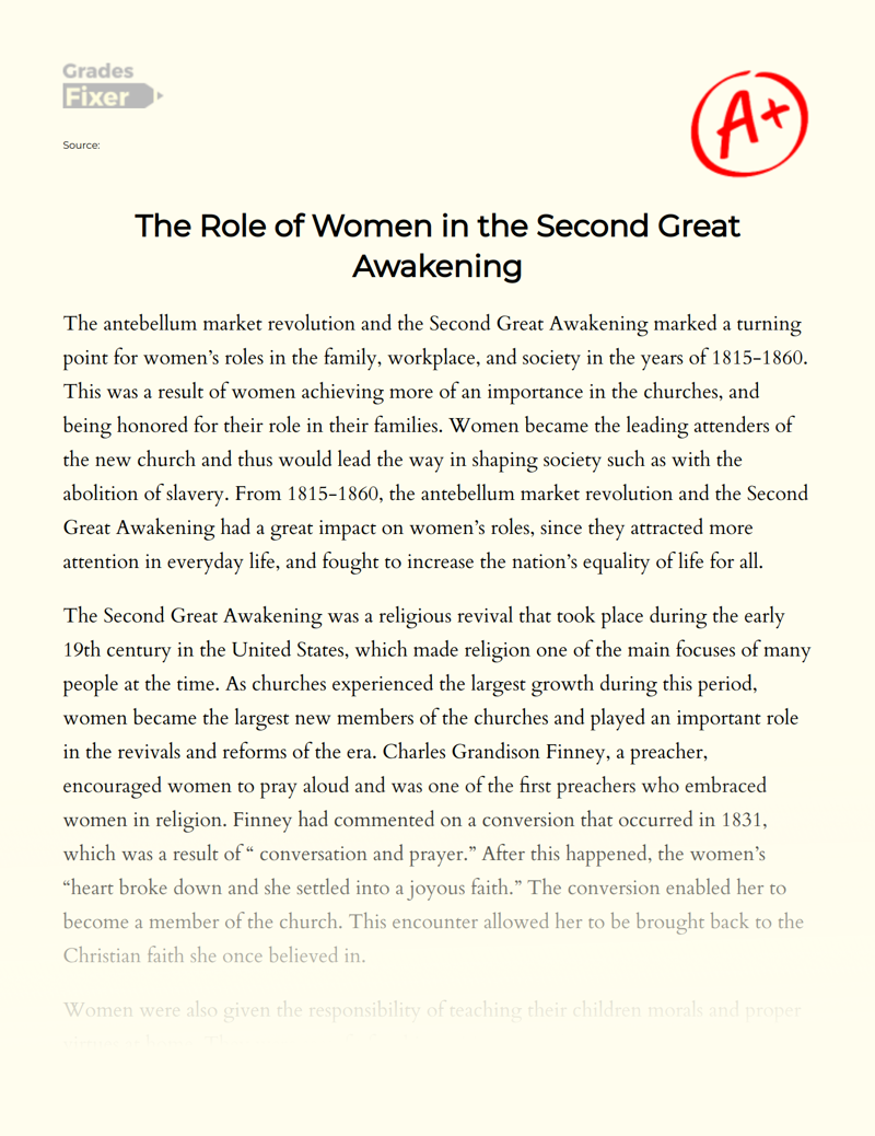 The Role of Women in The Second Great Awakening Essay