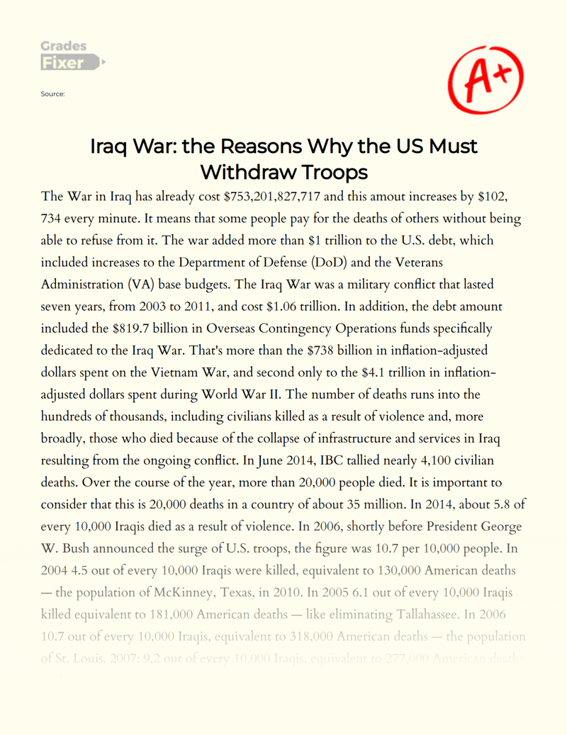 Iraq War:  Why The Us Must Withdraw Troops from The Country Essay