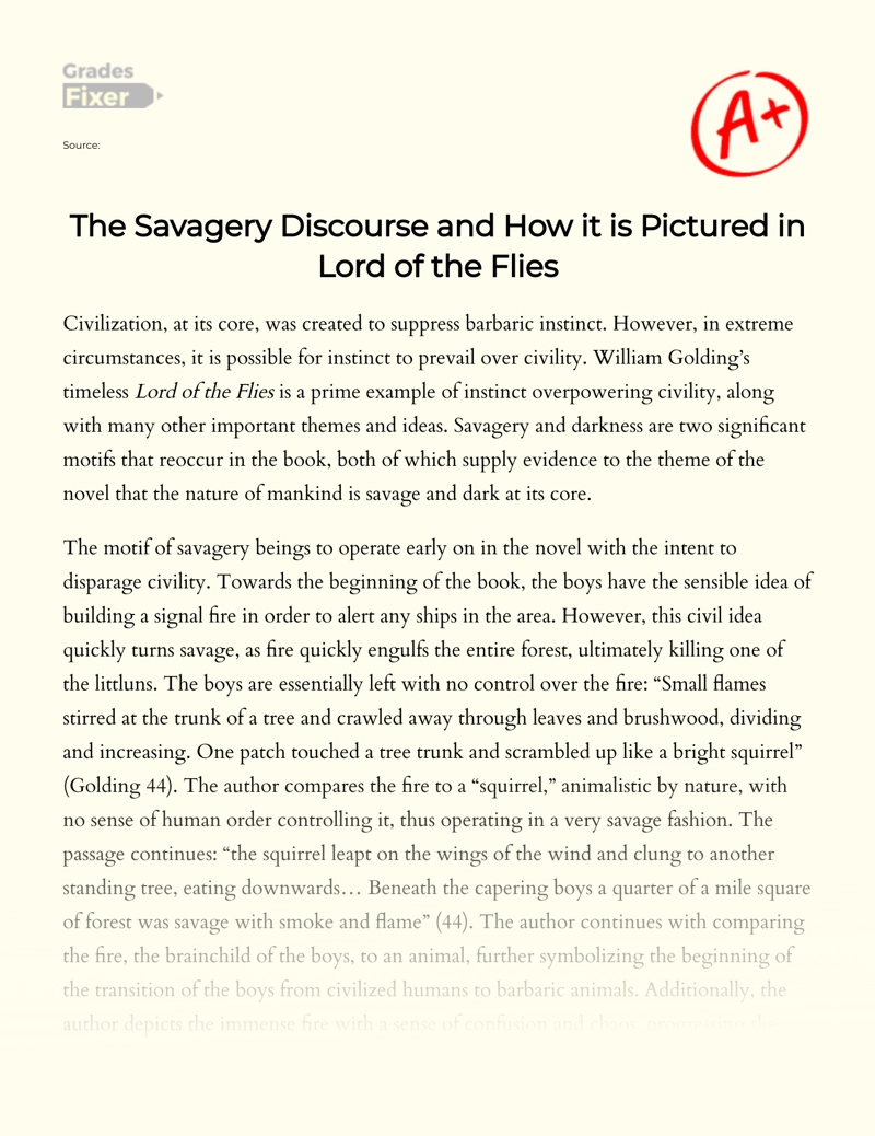 The Savagery Discourse and How It is Pictured in Lord of The Flies essay