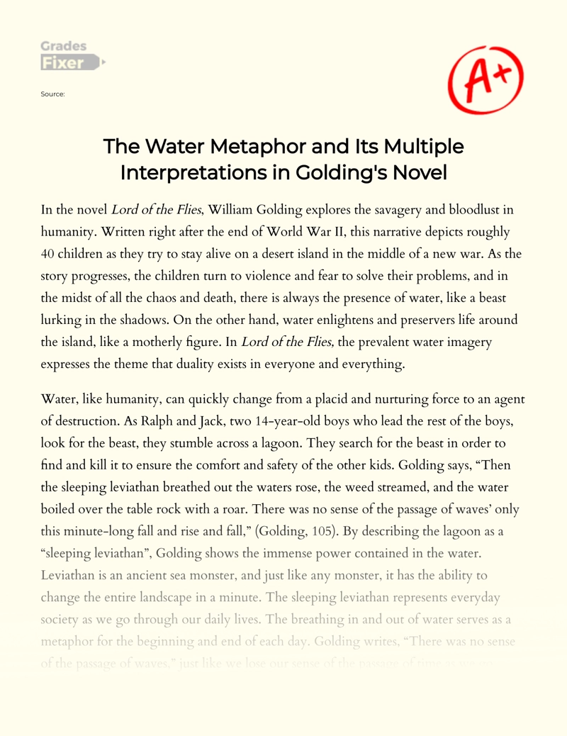 The Water Metaphor and Its Multiple Interpretations in Golding's Novel essay