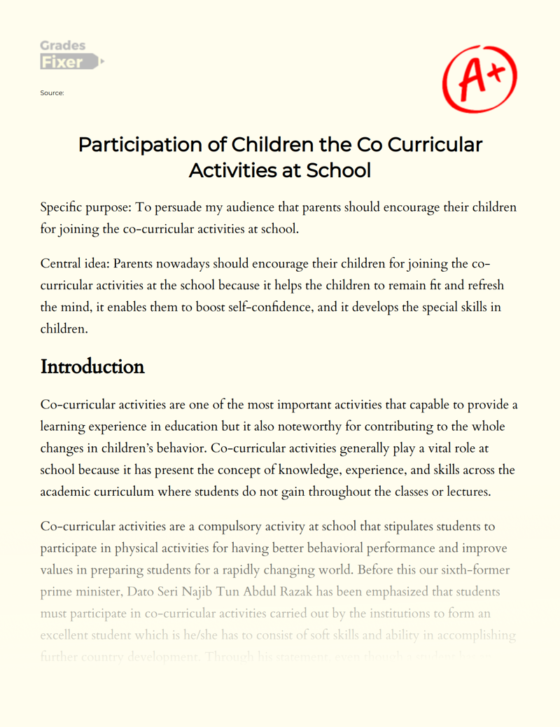 Participation of Children The Co Curricular Activities at School Essay