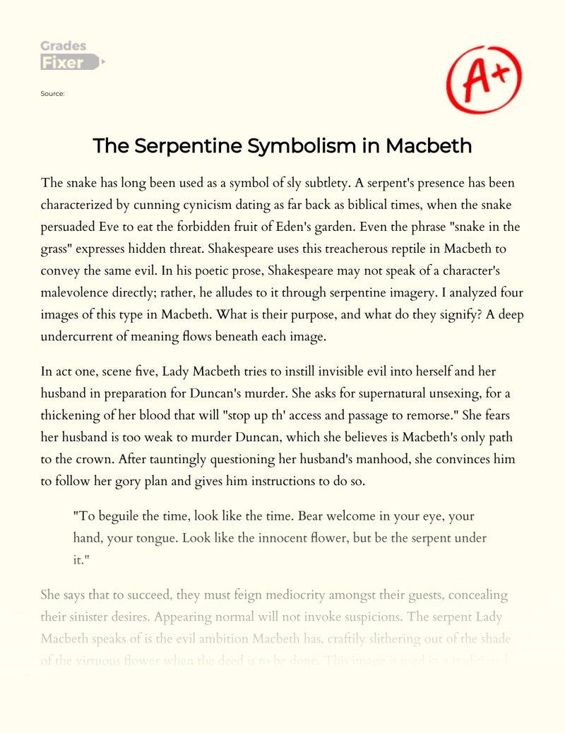The Serpentine Symbolism in Macbeth Essay