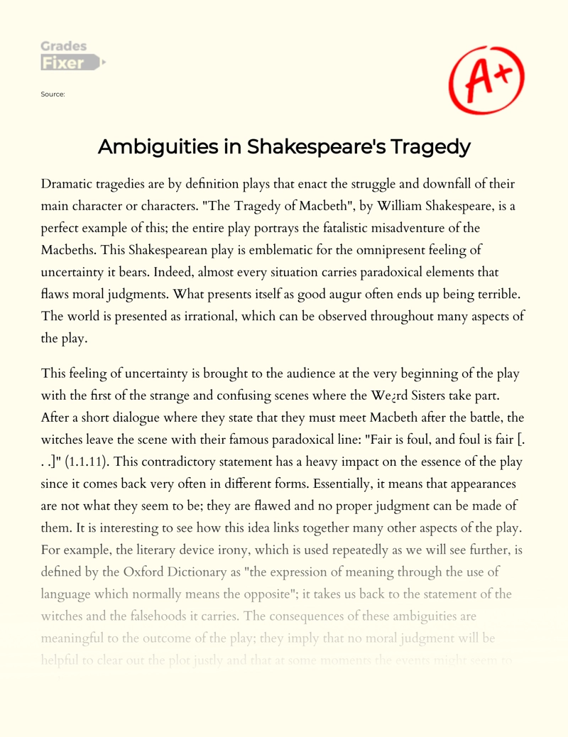 Ambiguities in Shakespeare's "The Tragedy of Macbeth" Essay