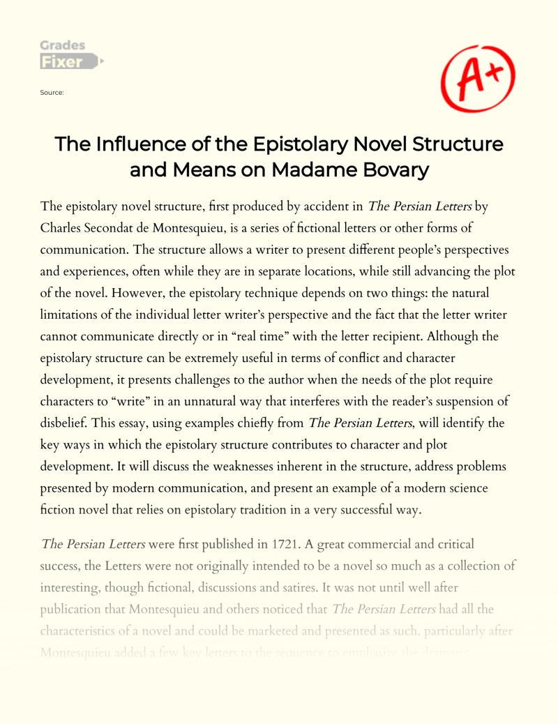 The Influence of The Epistolary Novel Structure and Means on Madame Bovary Essay