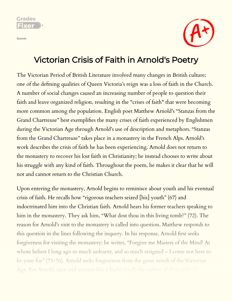 Victorian Crisis of Faith in Matthew Arnold's Poetry Essay