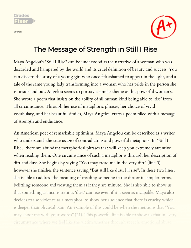 The Message of Strength and Endurance in Still I Rise by Maya Angelou Essay