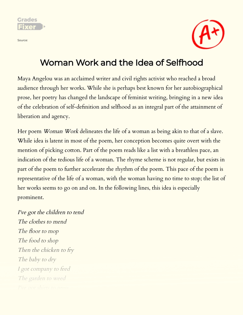 The Idea of Selfhood in Maya Angelou's Woman Work Essay