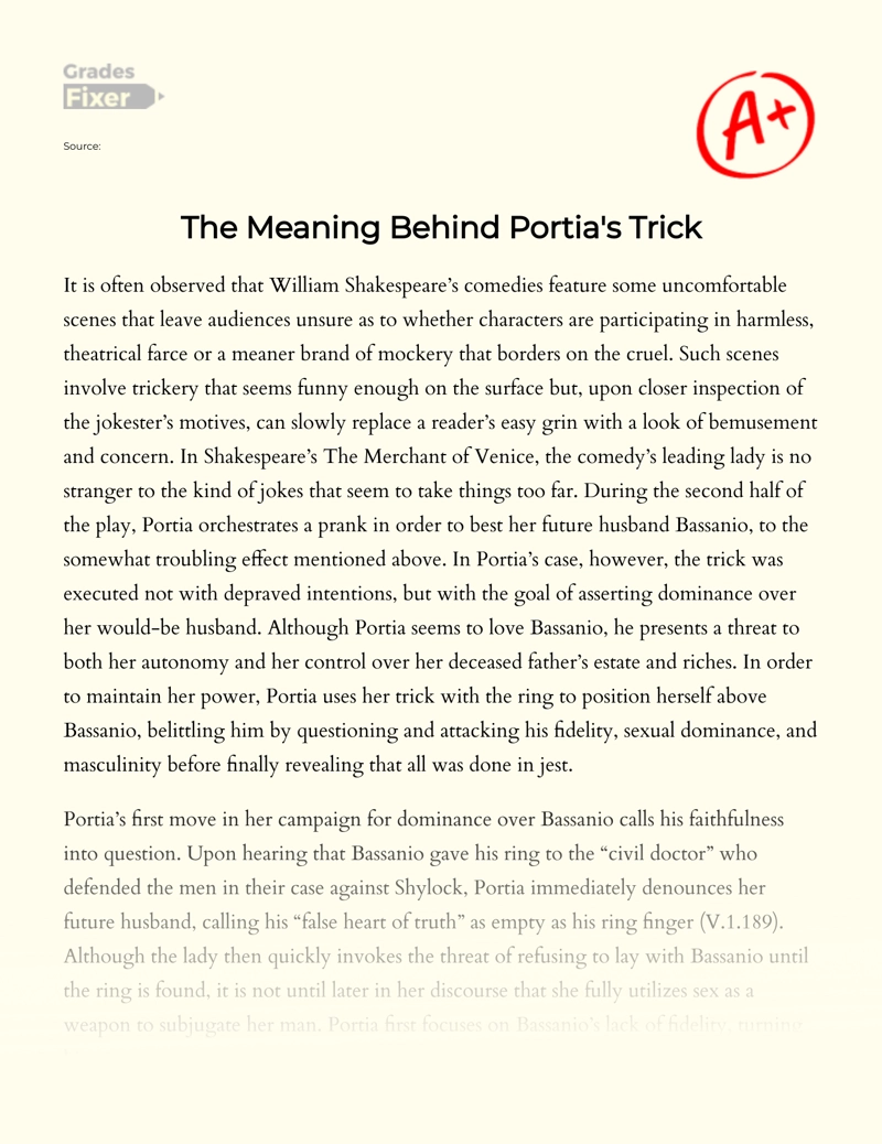 The Meaning Behind Portia's Trick in Merchant of Venice Essay