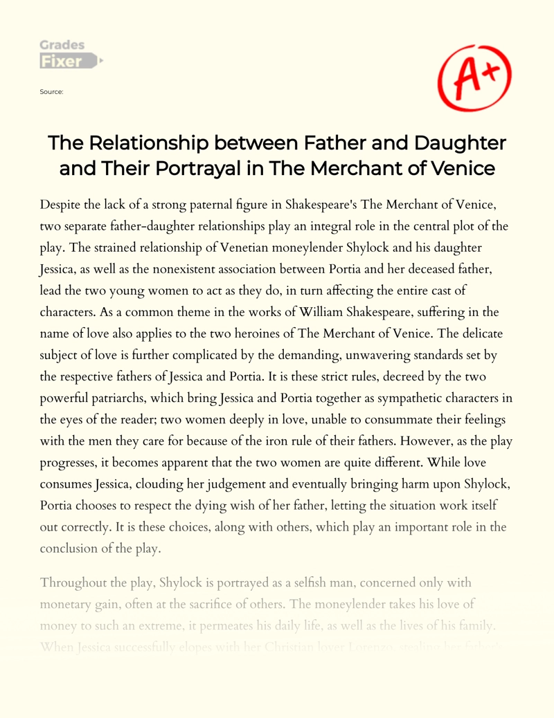 The Relationship Between Father and Daughter and Their Portrayal in The Merchant of Venice essay