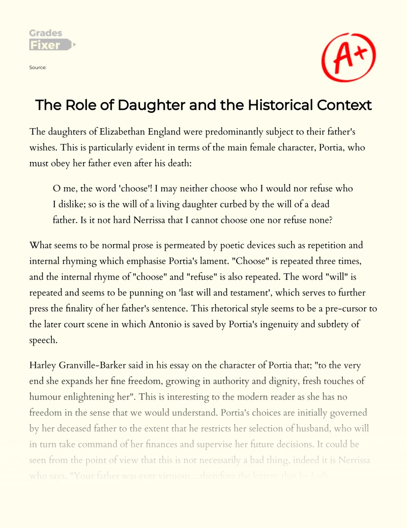 The Role of Daughter and The Historical Context Essay