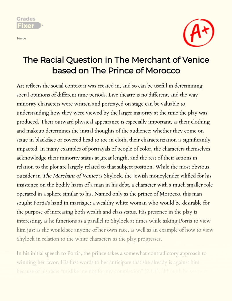 The Racial Question in The Merchant of Venice Based on The Prince of Morocco Essay