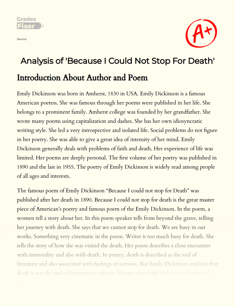 Analysis of 'Because I Could not Stop for Death' Essay