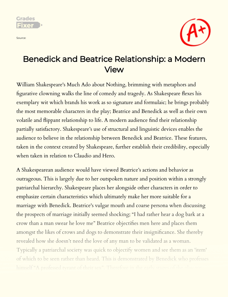 Benedick and Beatrice Relationship: a Modern View Essay