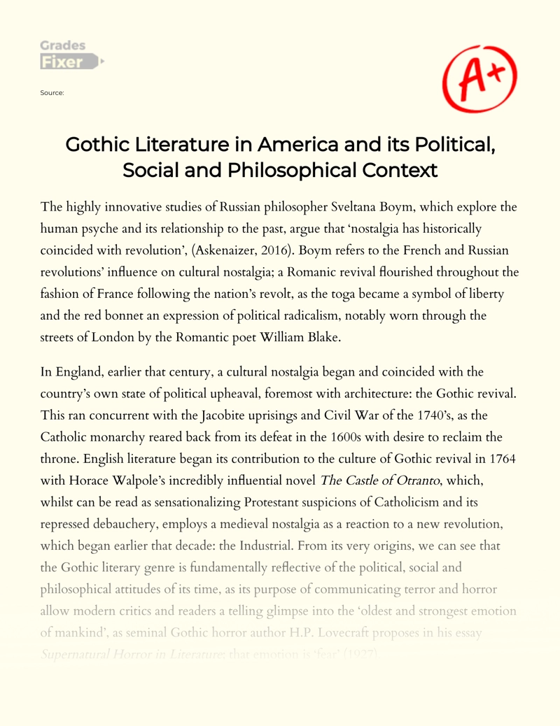 Gothic Literature in America and Its Political, Social and Philosophical Context Essay