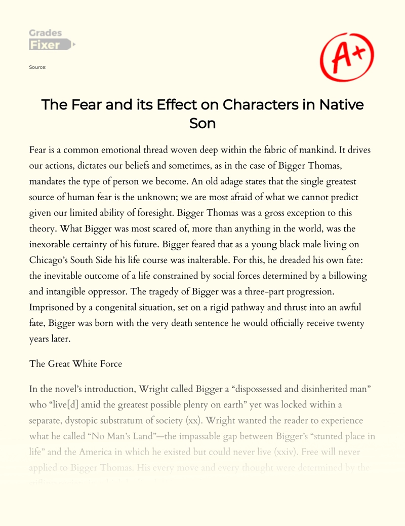 The Fear and Its Effect on Characters in Native Son Essay