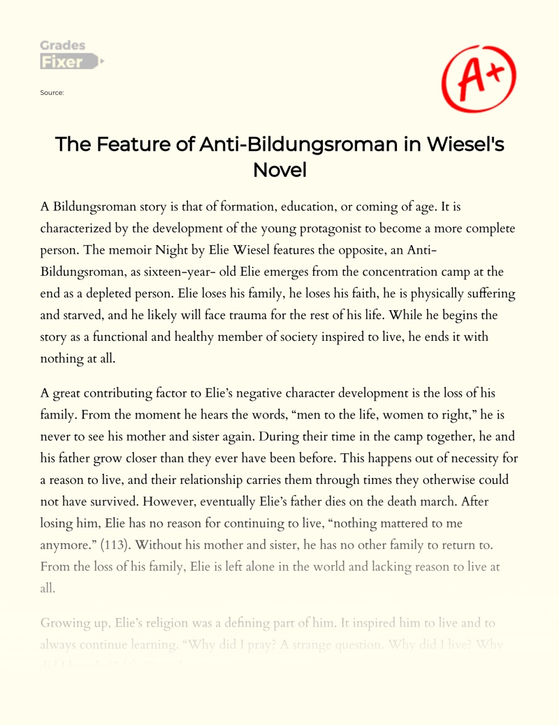The Feature of Anti-bildungsroman in Wiesel's Novel essay