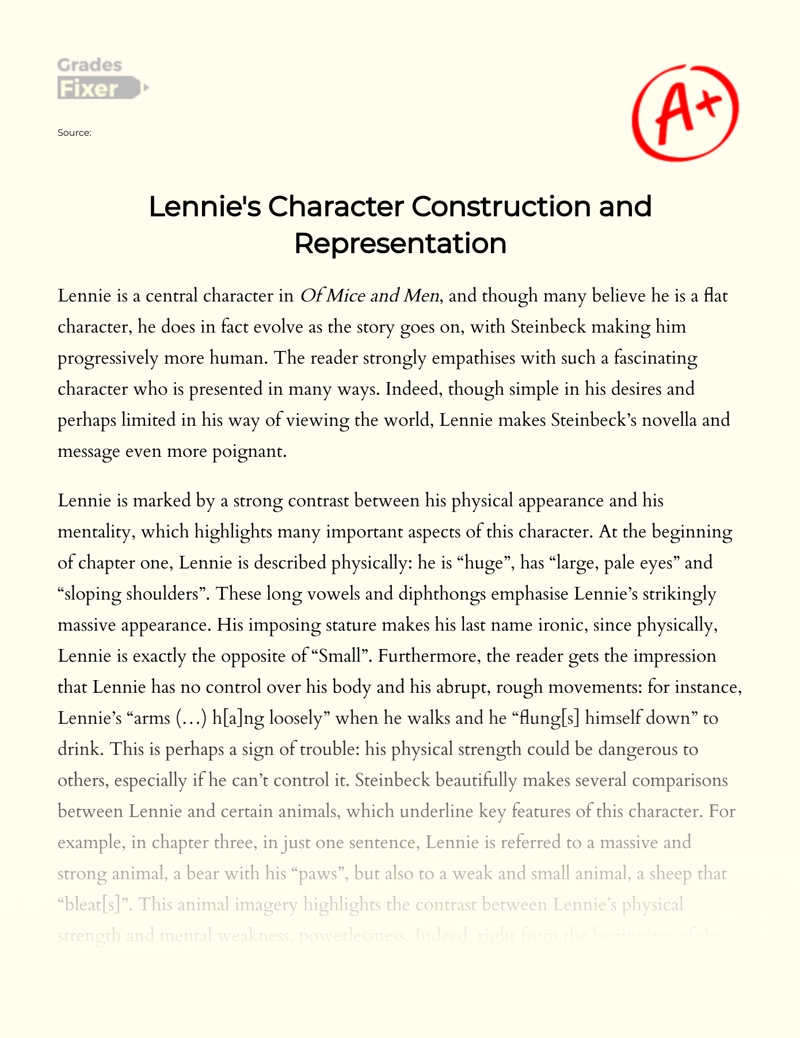 Of Mice and Men: Lennie Character Construction and Representation Essay