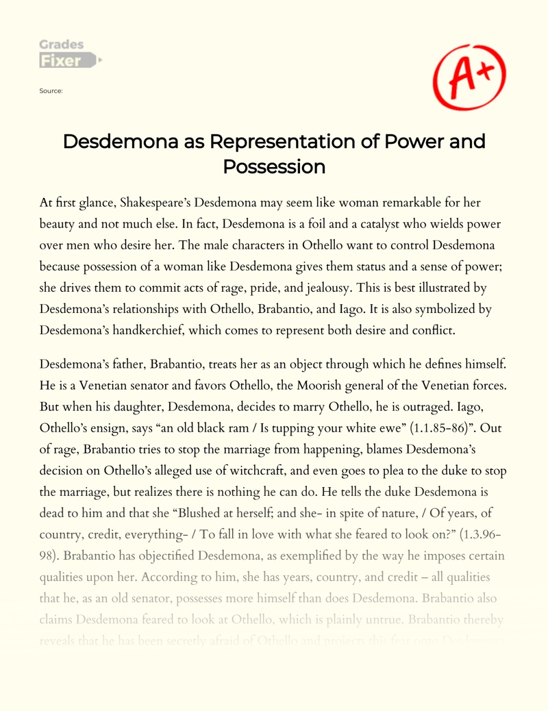 Othello: Desdemona as a Representation of Power and Possession Essay