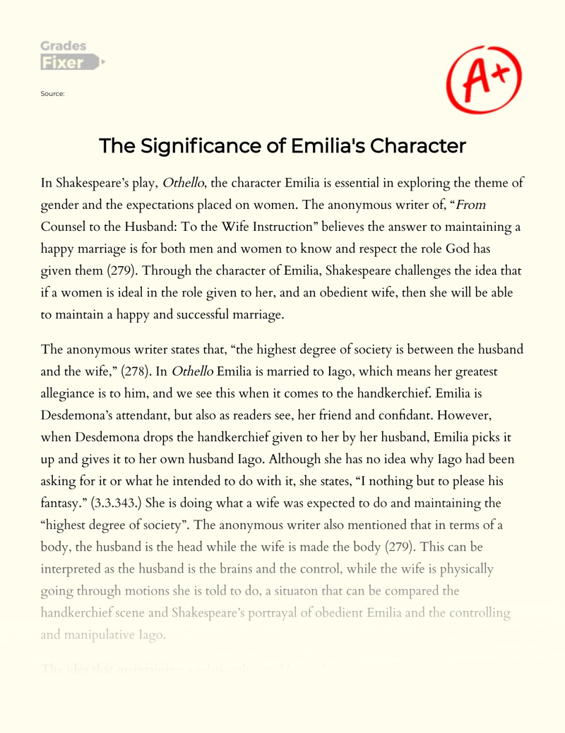 The Significance of Emilia's Character in Othello Essay