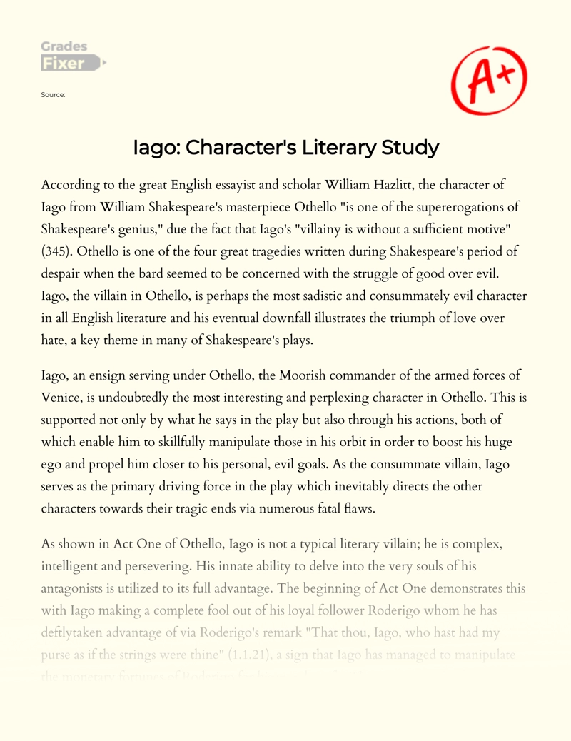 Iago: Character's Literary Study essay