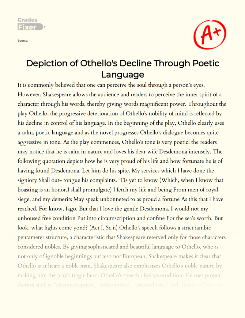 Depiction of Othello's Decline Through Poetic Language Essay