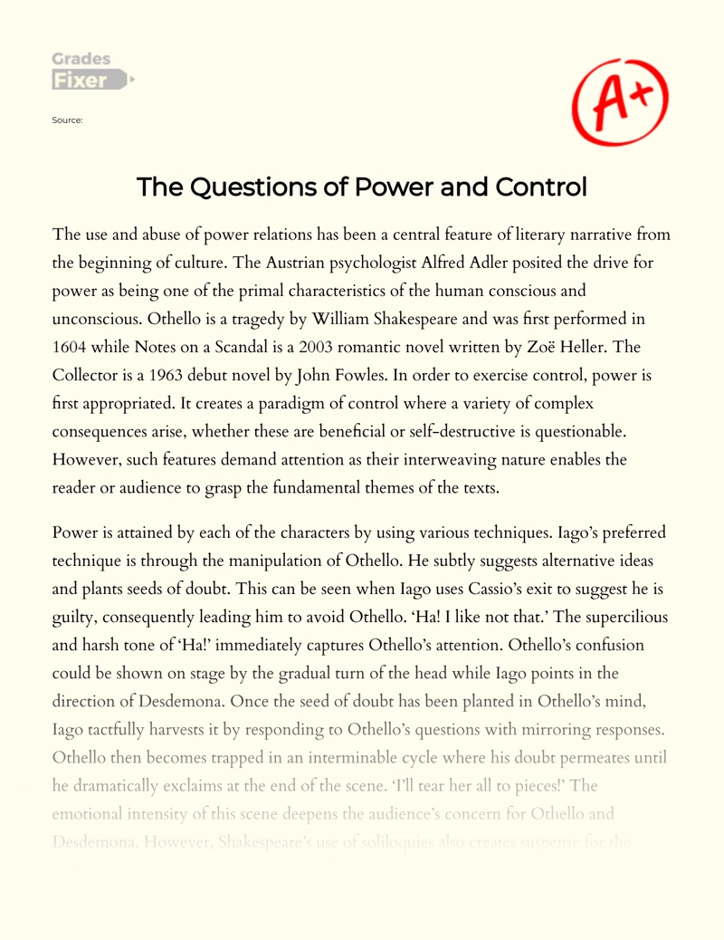 The Theme of Power and Control in Othello, The Collector, and Notes on a Scandal Essay
