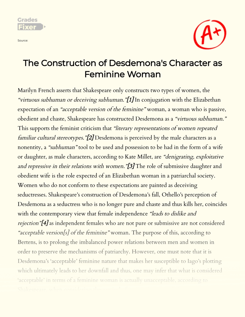 The Construction of Desdemona's Character as Feminine Woman Essay