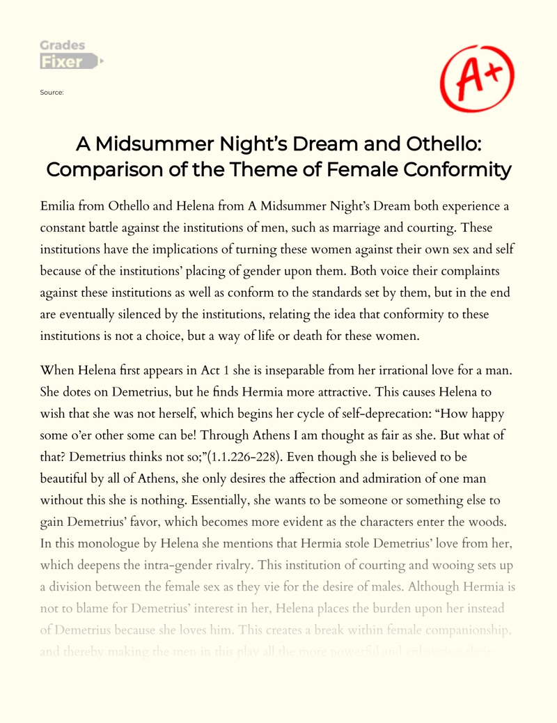 A Midsummer Night’s Dream and Othello: Comparison of The Theme of Female Conformity Essay