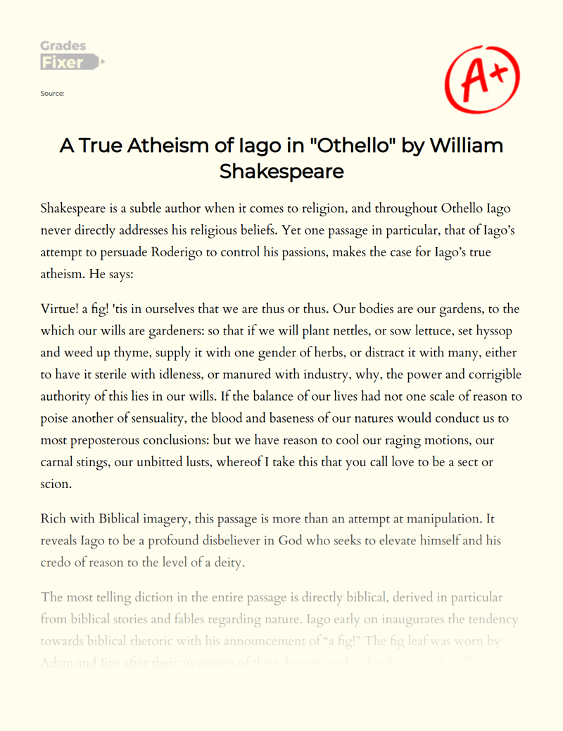 A True Atheism of Iago in "Othello" by William Shakespeare Essay