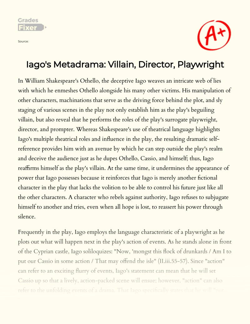 Iago's Metadrama: Villain, Director, Playwright Essay