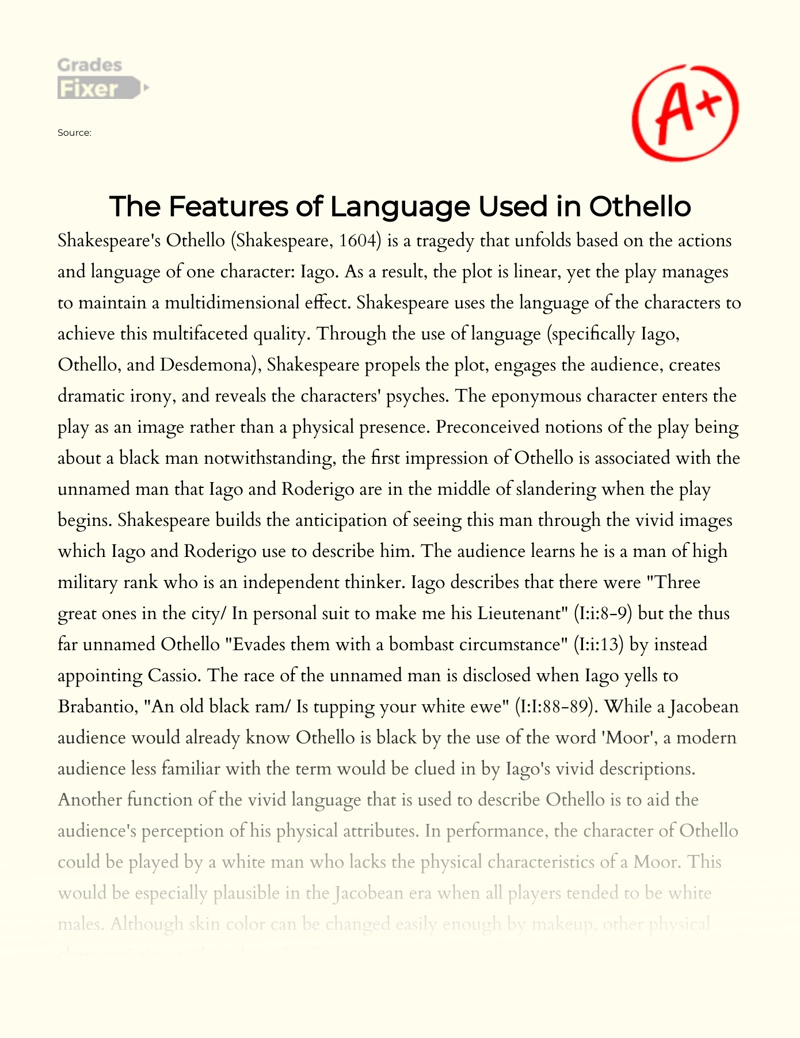 The Features of Language Used in Othello Essay