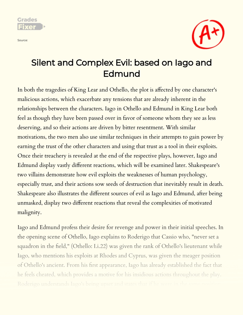 Silent and Complex Evil: Based on Iago and Edmund essay