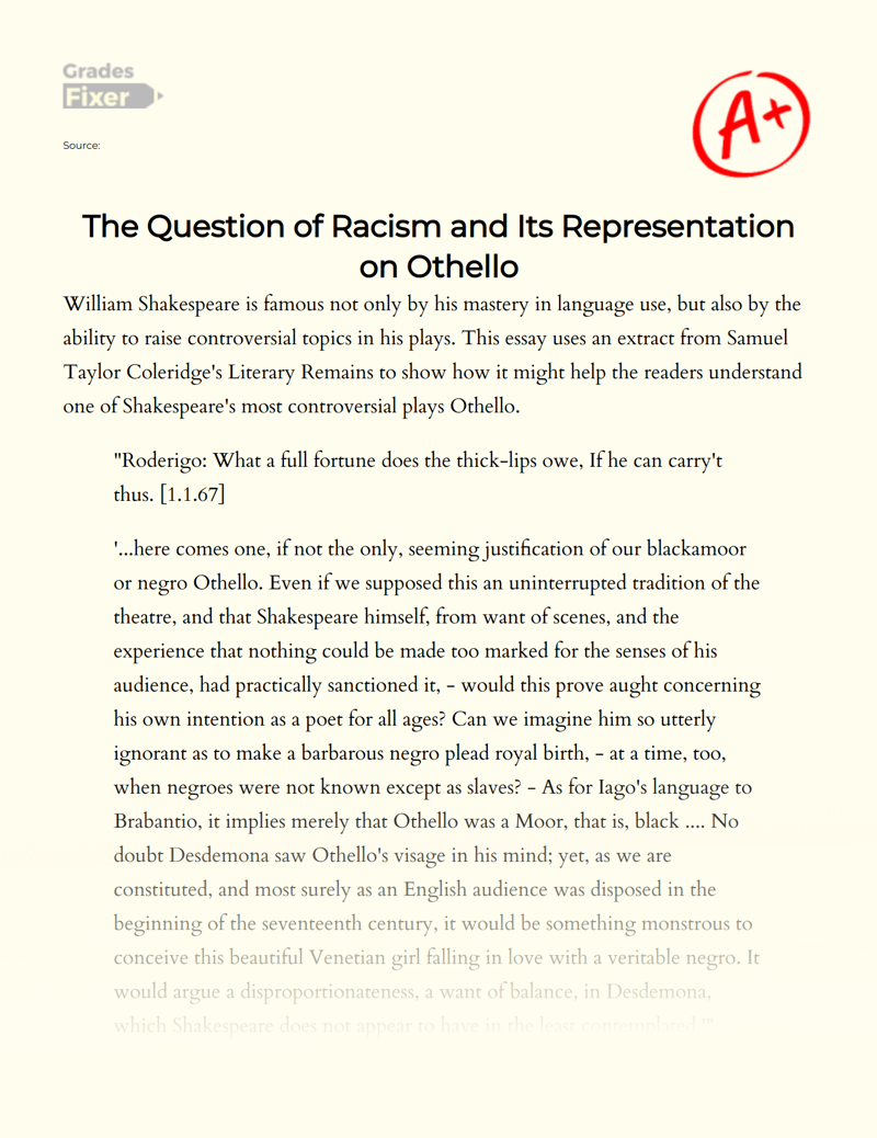 Critical Analysis of Othello in Terms of The Themes of Racism, Prejudice, and Miscegeny in The Play Essay