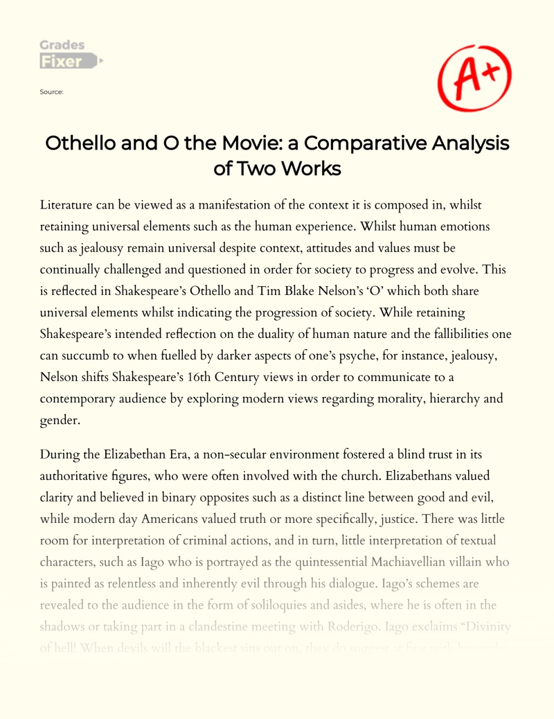 Othello and O The Movie: a Comparative Analysis of Two Works Essay