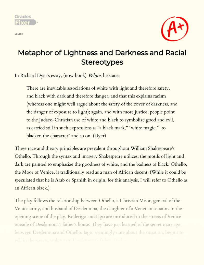 Metaphor of Lightness and Darkness and Racial Stereotypes essay